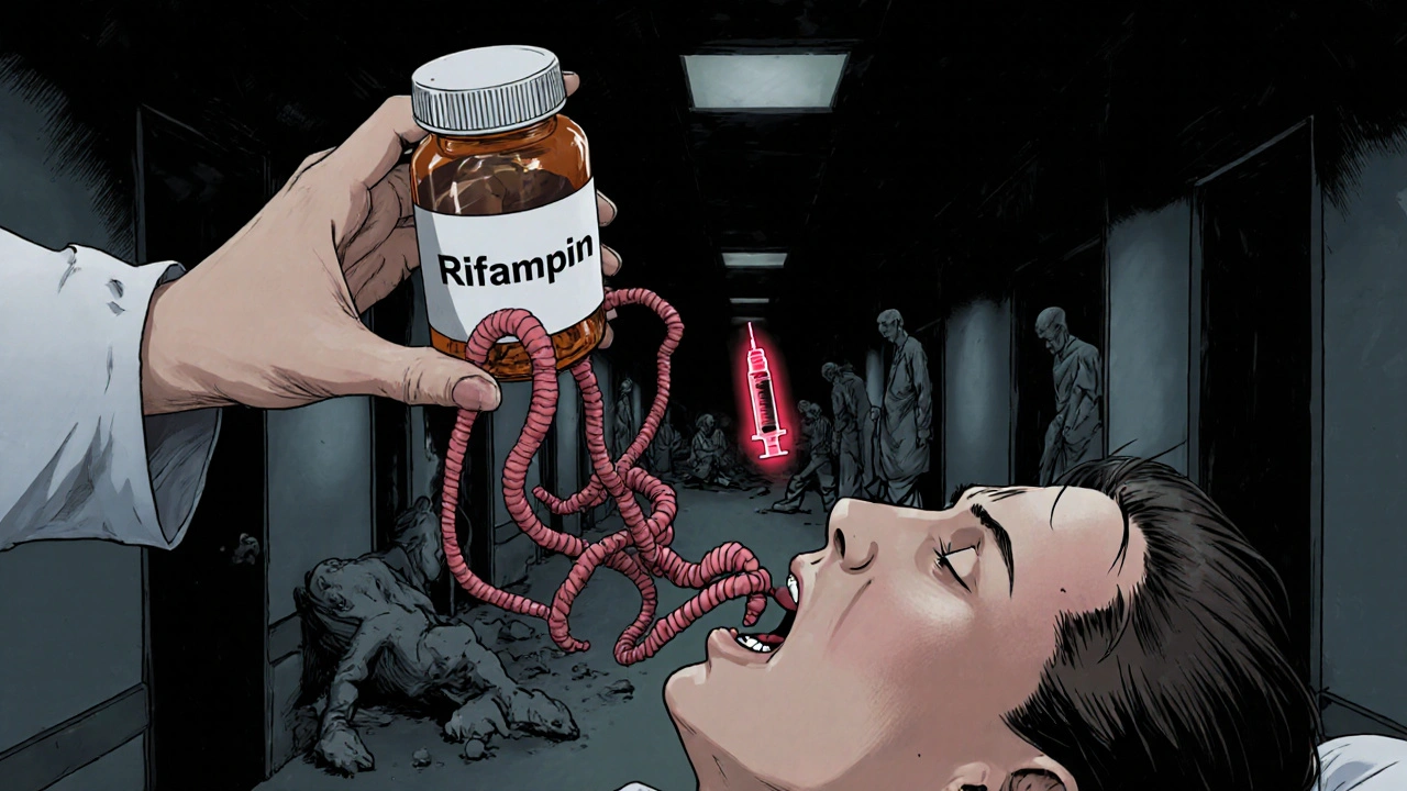 A pharmacist handing a pill bottle that transforms into worms entering a patient&#039;s mouth, while others collapse in the background.