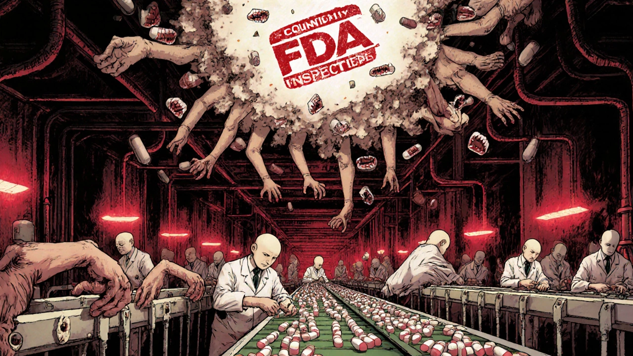 A surreal underground factory where pills scream and conveyor belts are made of human arms.
