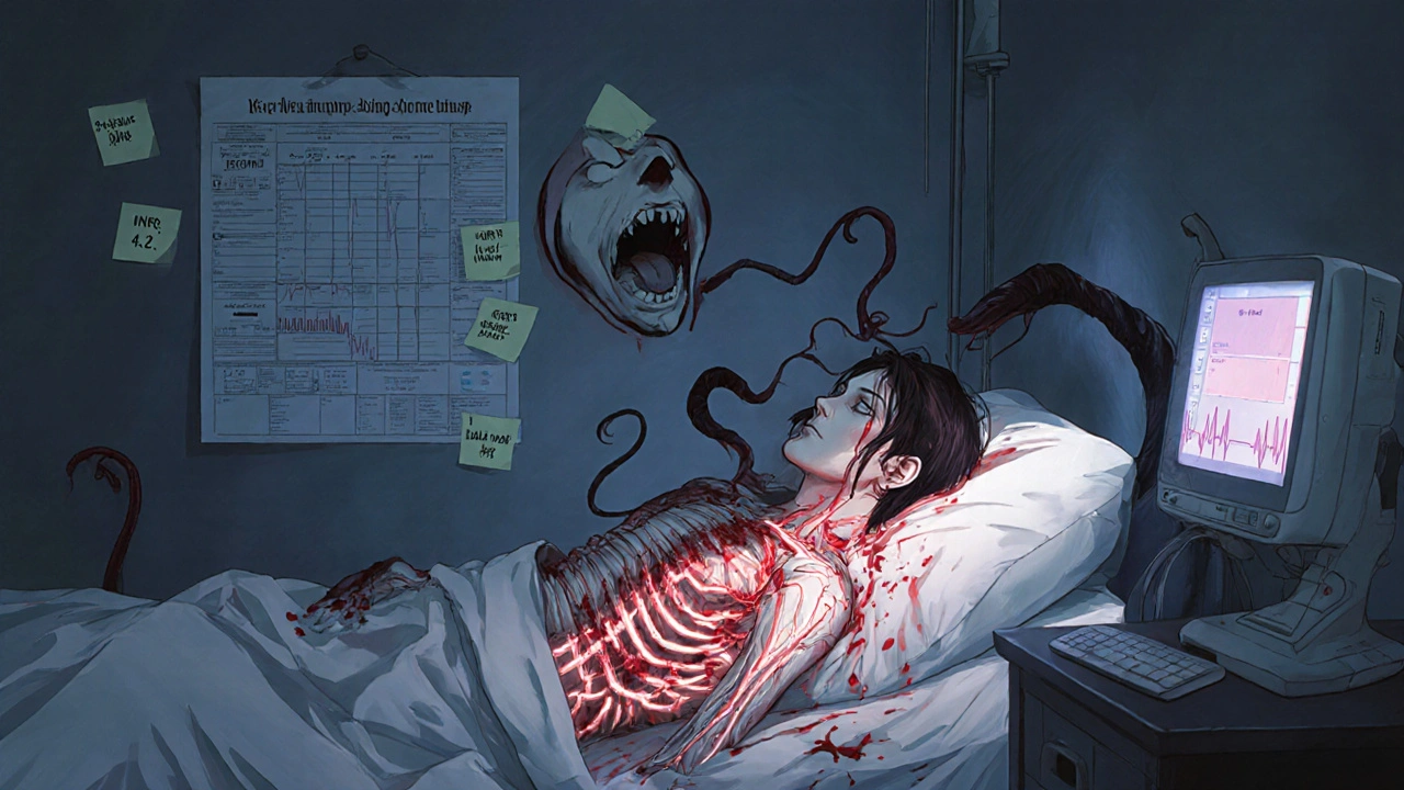 A translucent patient&#039;s body shows clots and bleeding vessels, medical chart twists into a screaming face under a flickering monitor.