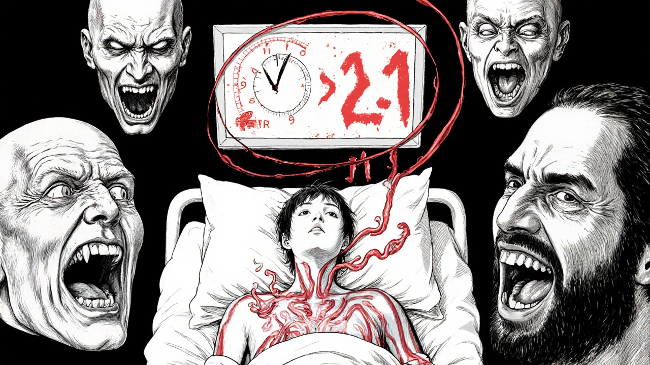 A translucent patient&#039;s body with warfarin dissolving as INR numbers plummet, surrounded by screaming ghostly figures.