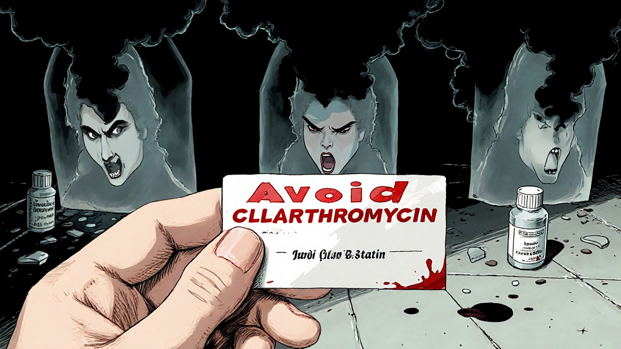 A trembling hand holding a blood-written warning card, with monstrous pill spirits looming behind.