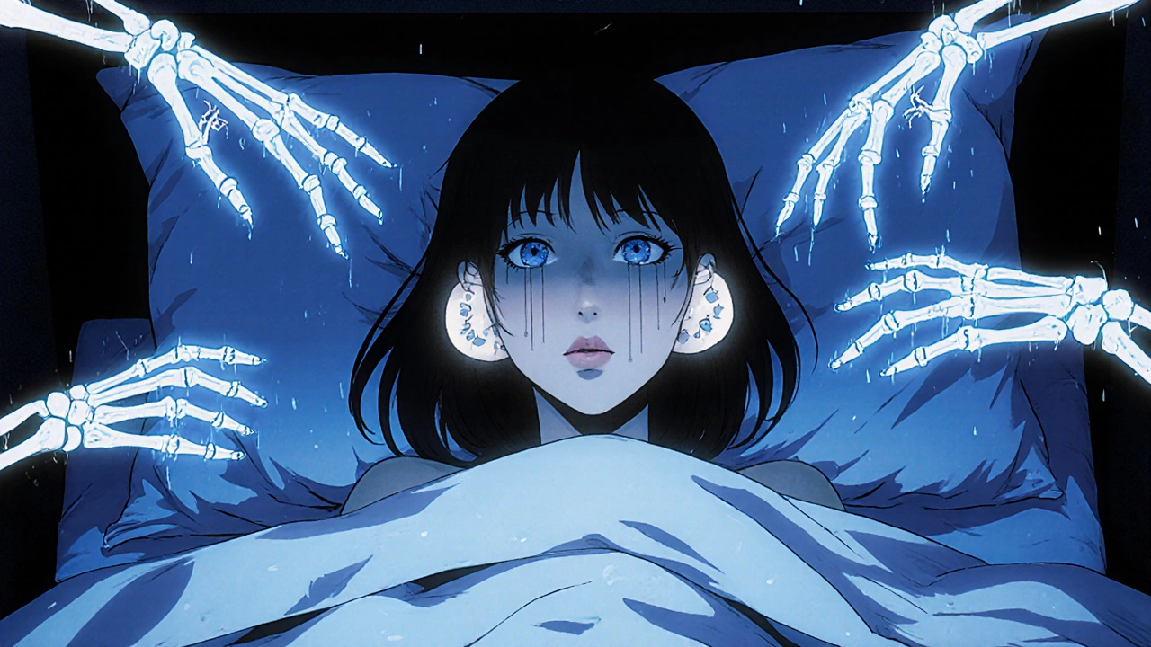 A woman in bed surrounded by ghostly static hands emerging from walls, symbolizing sound sensitivity in Junji Ito&#039;s haunting aesthetic.