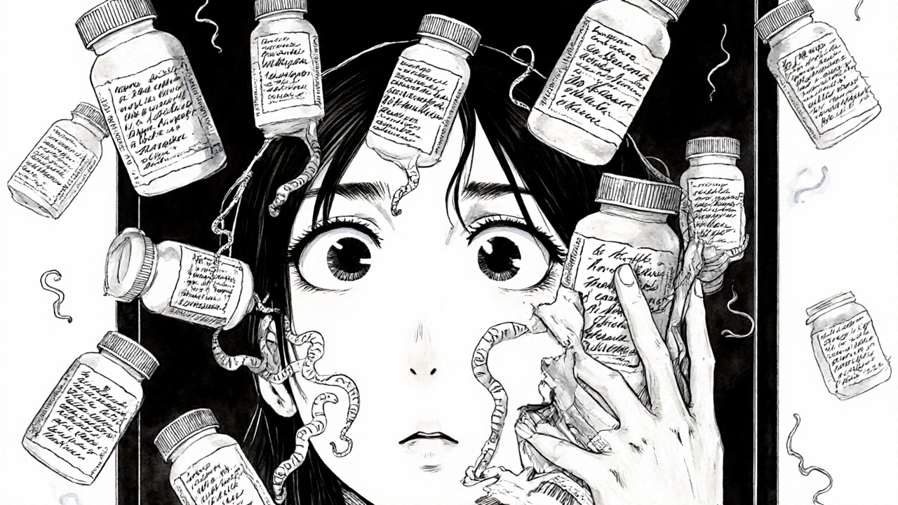 A woman’s reflection shows her prescription label peeling off into living ink tentacles.