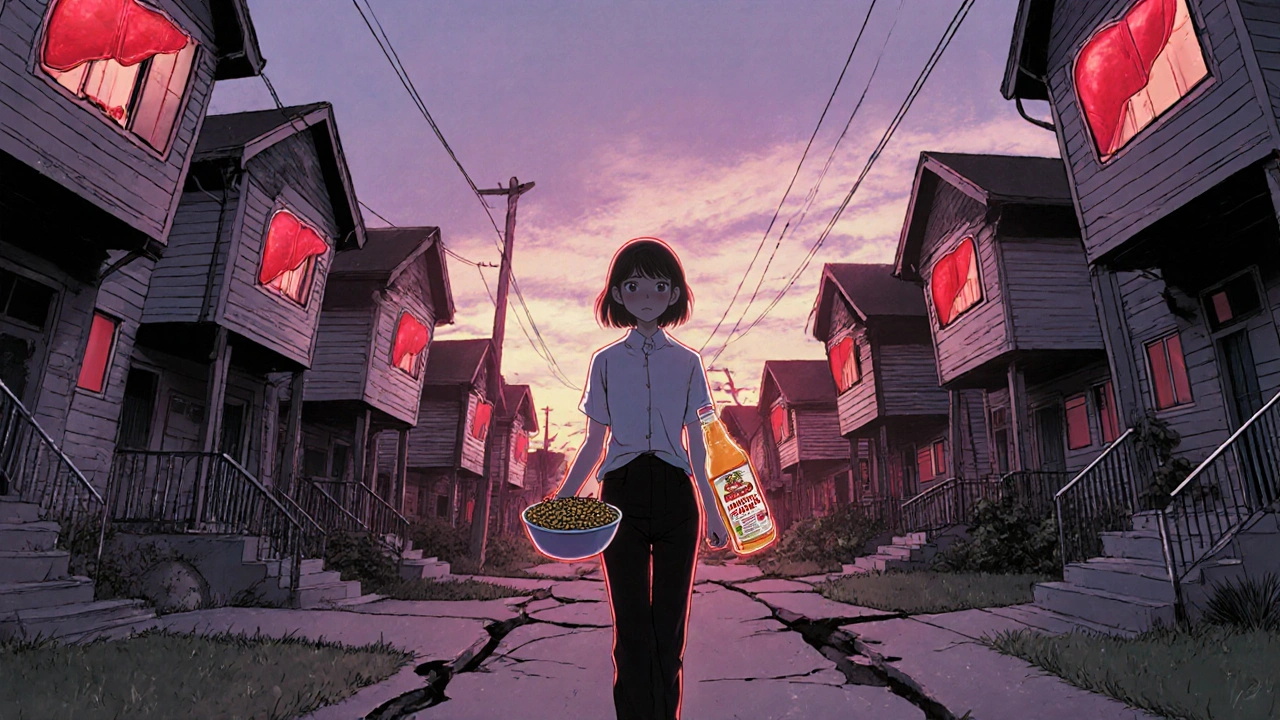 A woman walks past houses with liver windows, holding healthy food as a cirrhosis mouth swallows the street.