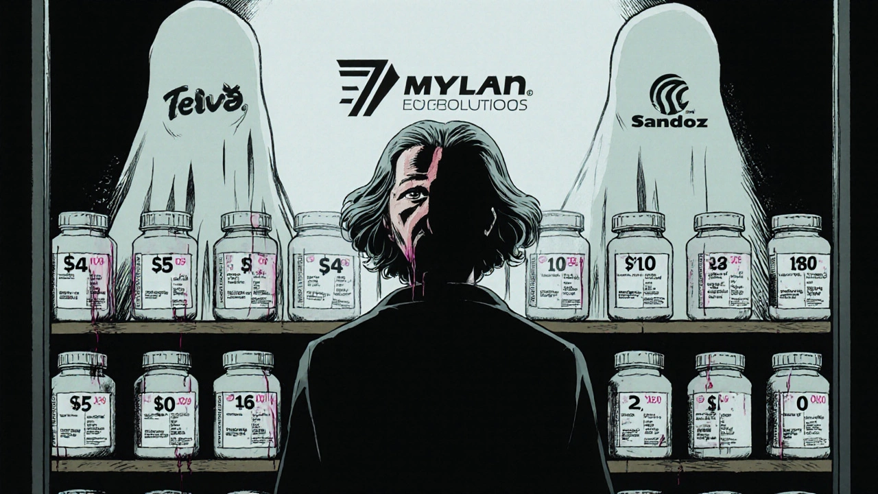 An elderly woman facing a wall of changing generic drug prices, her reflection peeling away in panic.