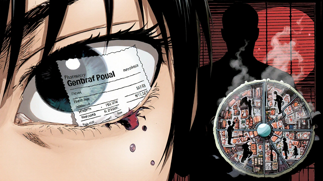 An eye reflecting a pharmacy receipt as the generic drug name bleeds into the iris, with shadowy factories in the background.