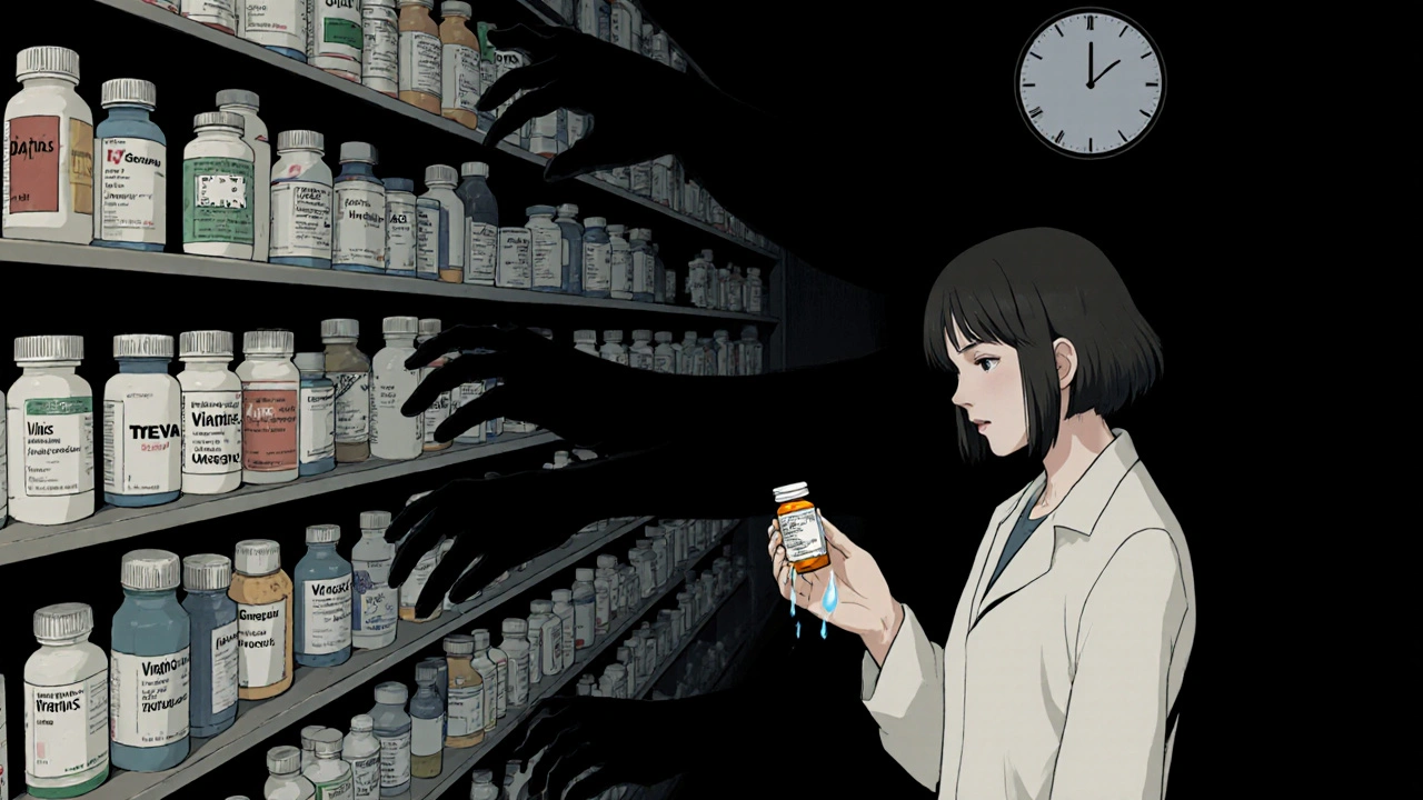 Infinite pharmacy shelf with corporate shadows reaching for patients, one holding a cheap pill.