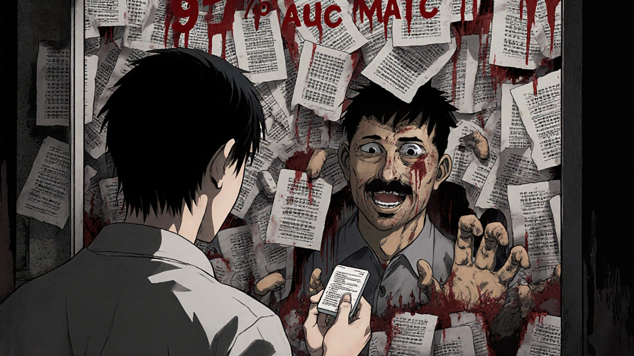 Patient staring at a monstrous pill in the mirror while pharmacy walls become endless screaming book entries.