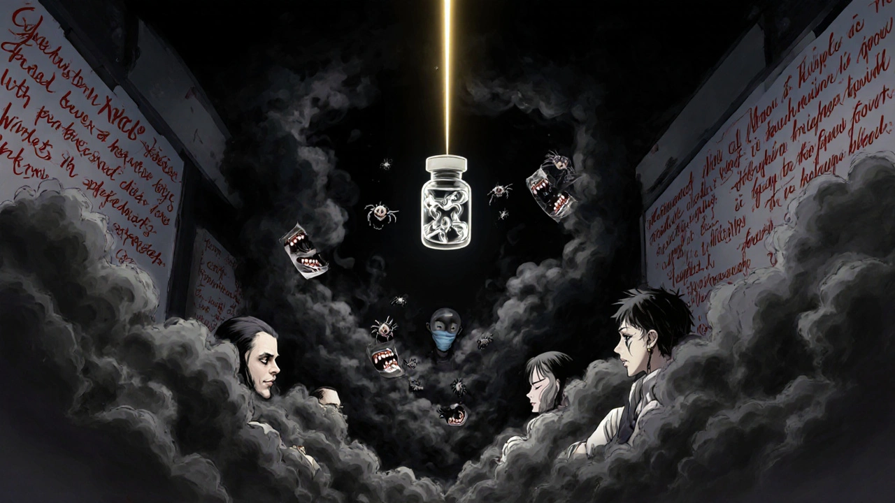 Patients dissolving into smoke with shadowy antibodies devouring joints, a golden biologic beam piercing the darkness.