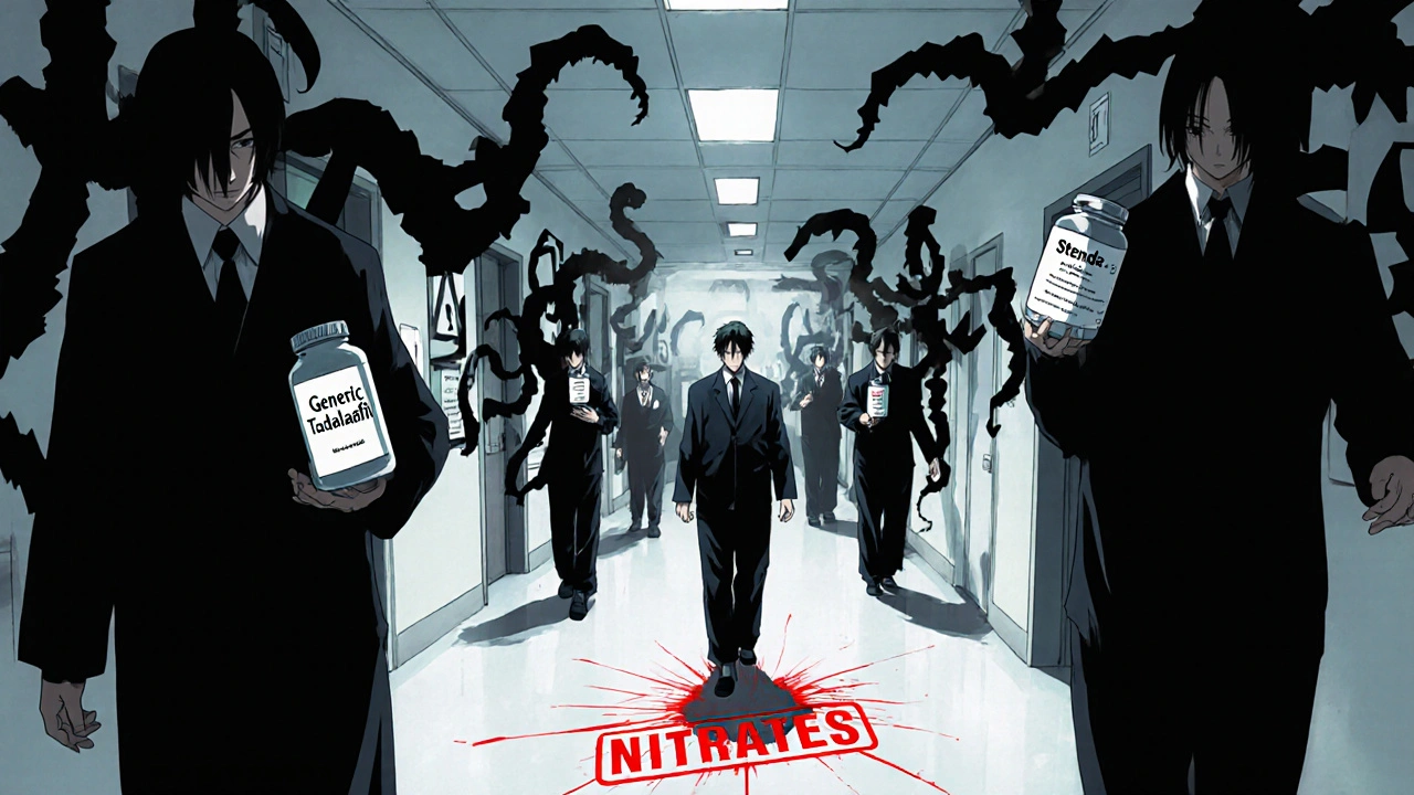 Patients walk down a hallway with monstrous shadows of ED pills, a red &#039;NITRATES&#039; stain on the floor.