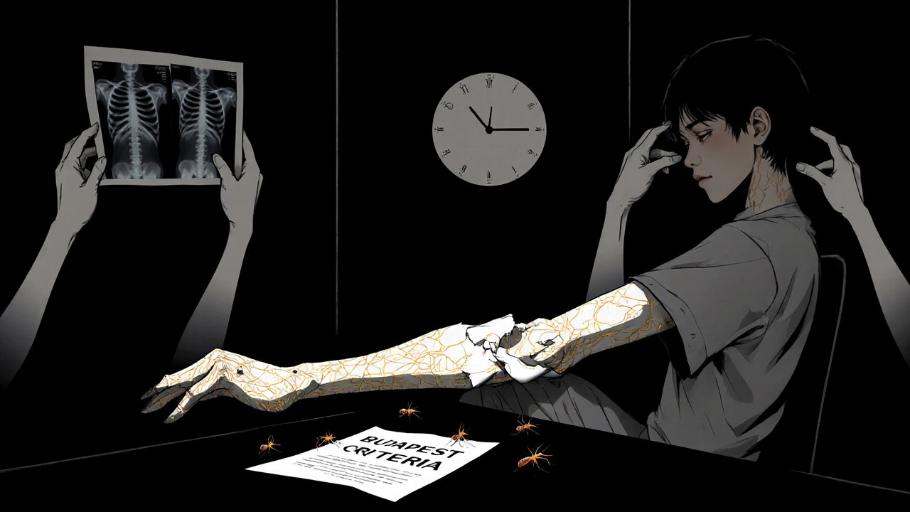 Person in dark room with limb turned into shadowy neural mass, ghost hands holding empty X-rays.