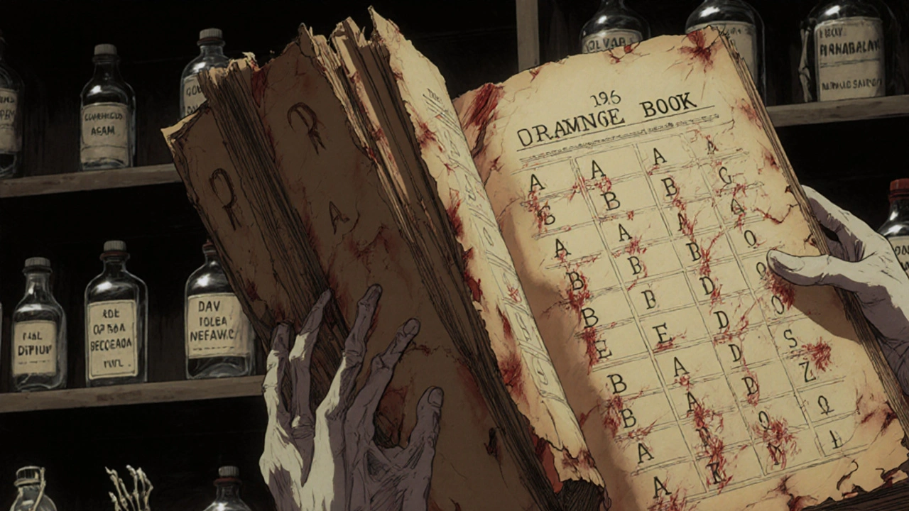 Pharmacist&#039;s hand flipping the Orange Book whose pages are made of skin, with blood-written codes and reaching ghostly hands.