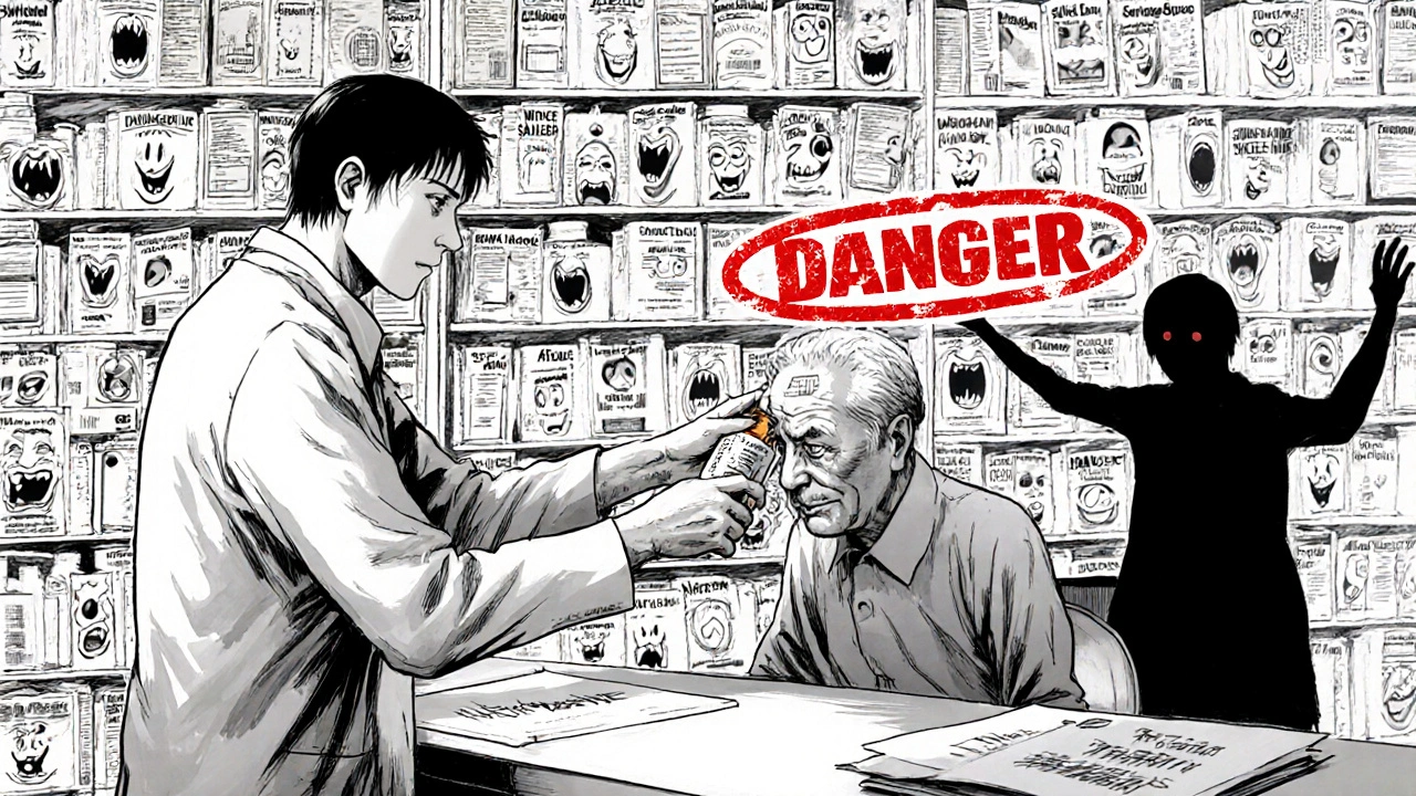 Pharmacist giving safe medication while monstrous drug labels twist into screaming faces behind them.