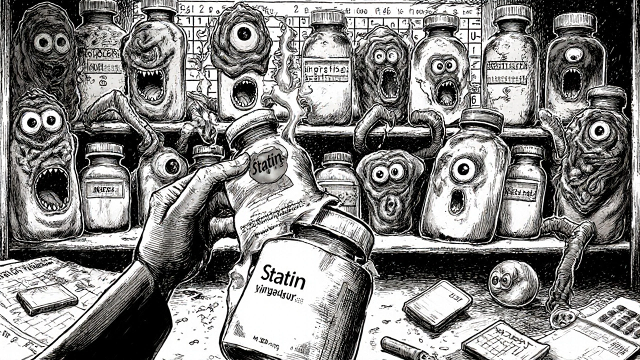 Pharmacy shelves with pill bottles as eye-covered creatures, one biting a hand as blood tests melt into screams.