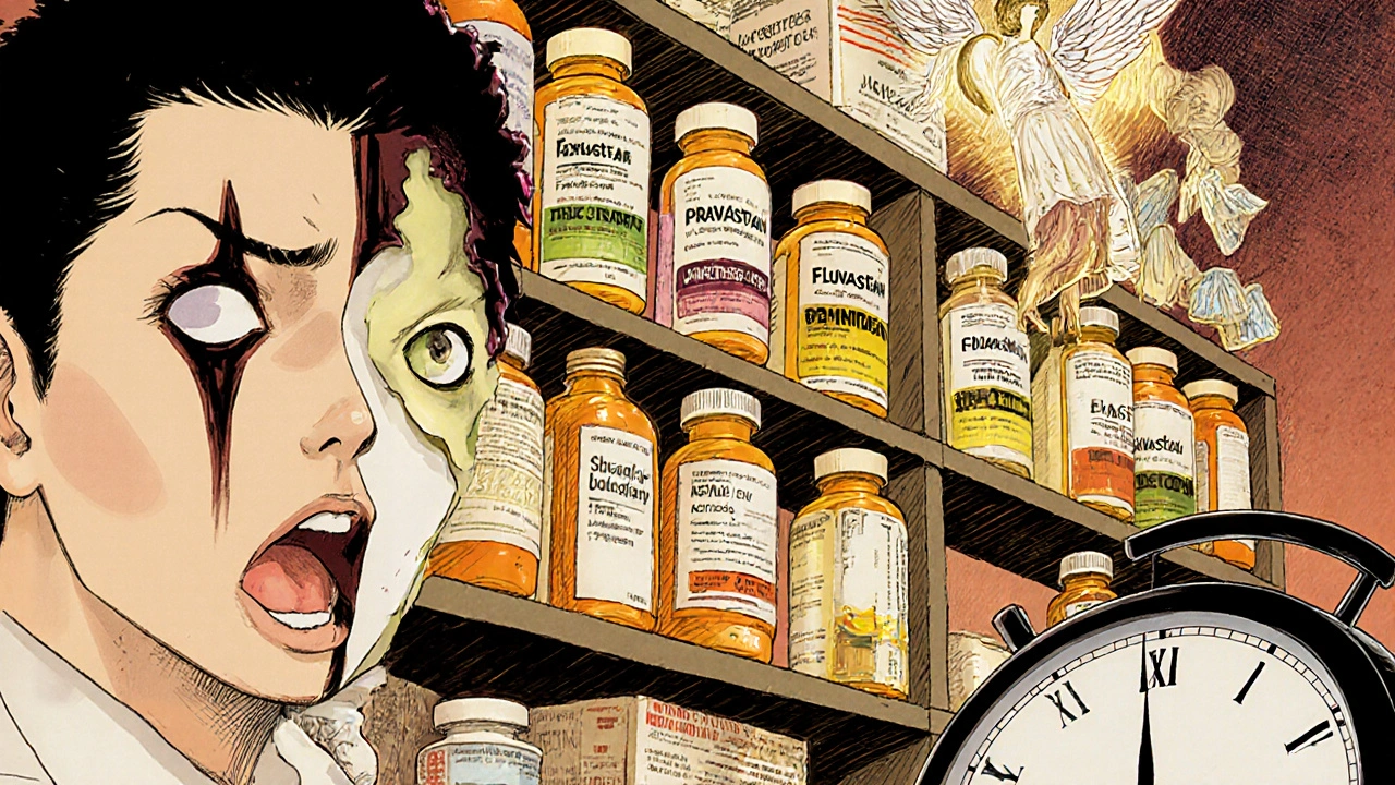 Pharmacy shelves with screaming statin bottles, serene safe statins glowing, and a weeping doctor.