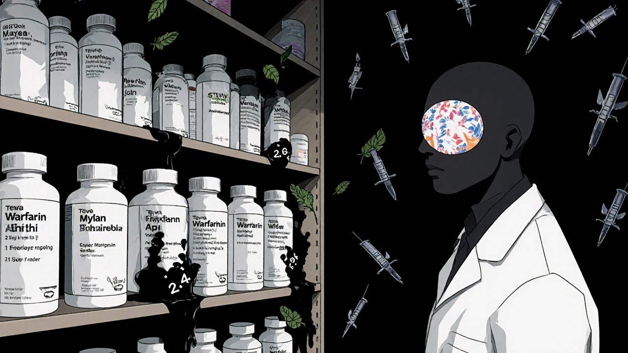 Pharmacy shelves with warfarin bottles ooze floating INR readings, shadowy figures watch as blood clot diagrams drift in the air.