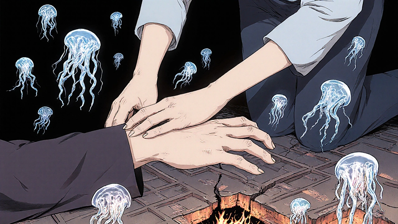 Physical therapist guiding trembling hand as floating nerve clusters pulse with screaming faces.