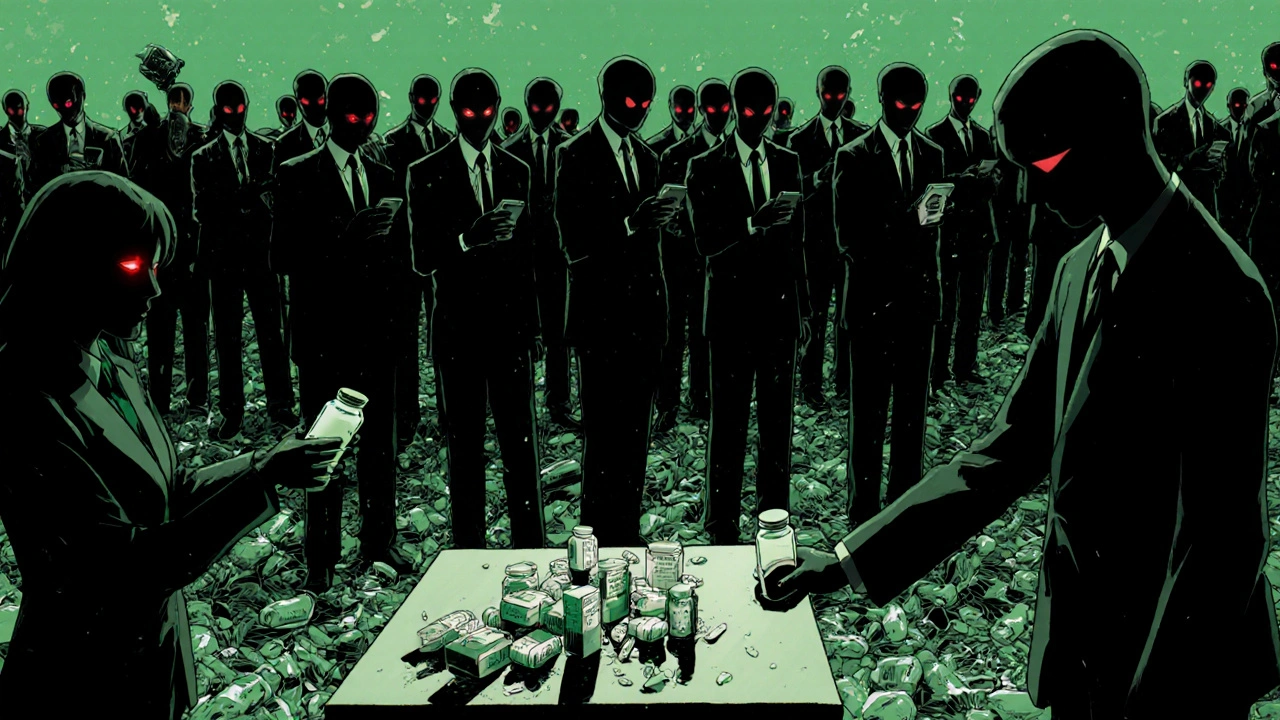 Shadowy figures scan discarded pill bottles in a landfill under eerie green light.