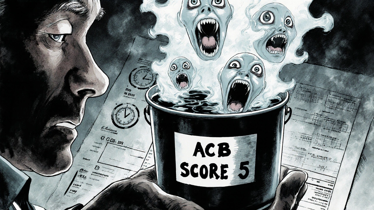 Trembling hand holding pills as ghostly faces emerge, forming an overflowing bucket labeled &#039;ACB Score 5&#039;.