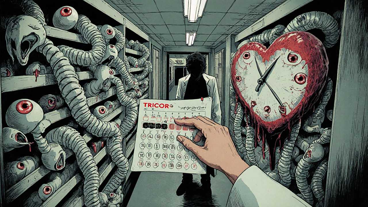Tricor capsules multiplying into eye-covered orbs on a shelf, with a bleeding lipid chart and a shadowy figure nearby.