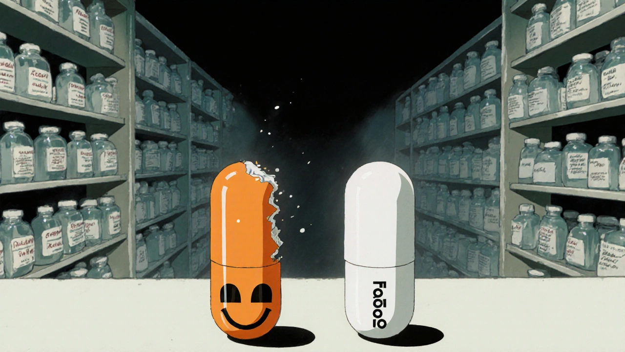 Two pills side by side at a pharmacy counter, one branded and one generic, their surfaces peeling to reveal identical cores.
