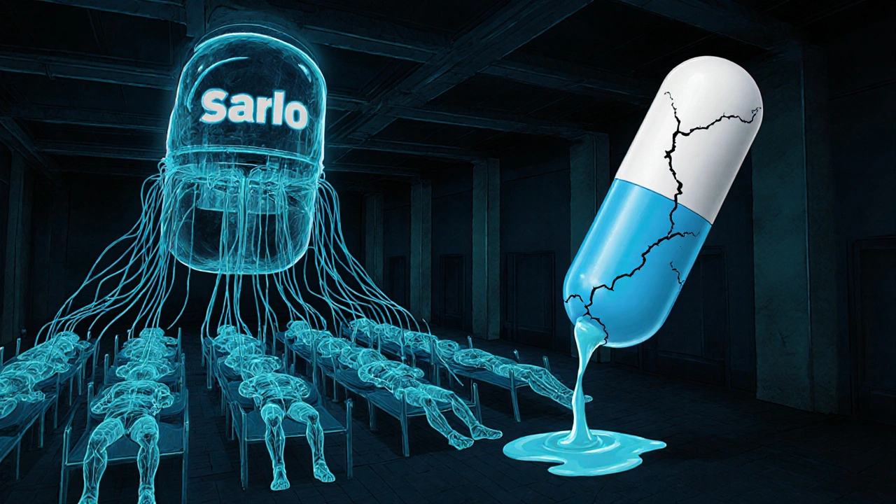 Volunteers connected to a pill-shaped machine, with a cracked generic pill oozing identical fluid.