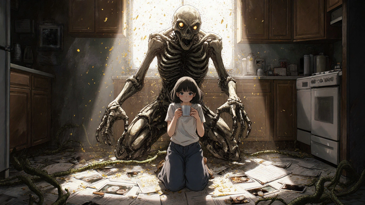 Woman holding a coffee cup while her past self as a monstrous joint-creature dissolves into ash behind her.