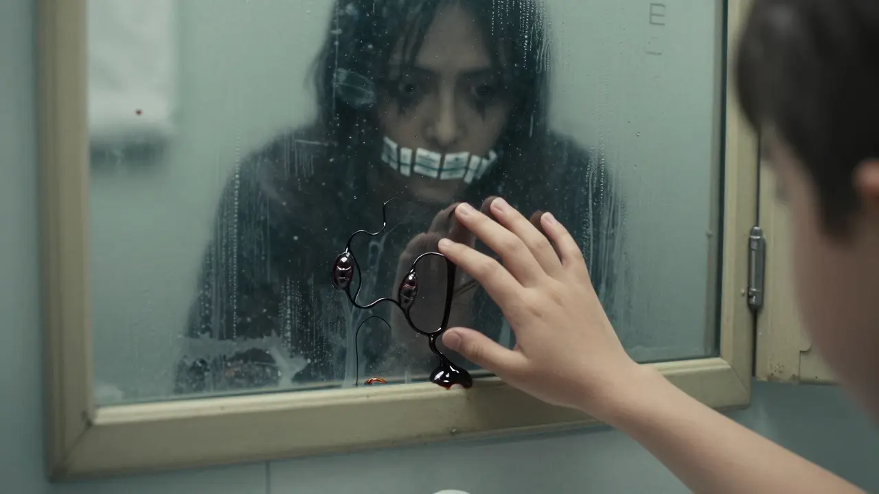 A child's hand touching writhing, corrupted pills in a bathroom cabinet, shadowy figure reflected in the fogged mirror.