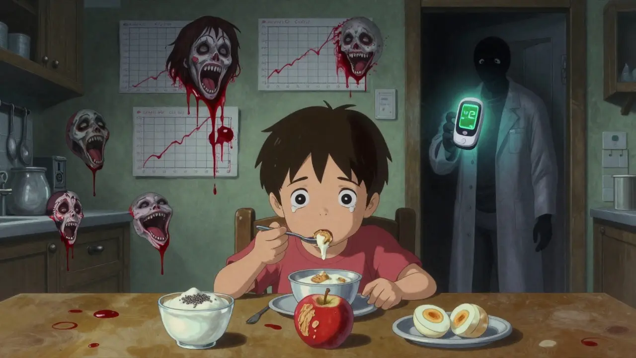 A child eating balanced diabetic meals as blood sugar charts twist into screaming faces in haunting anime horror art.