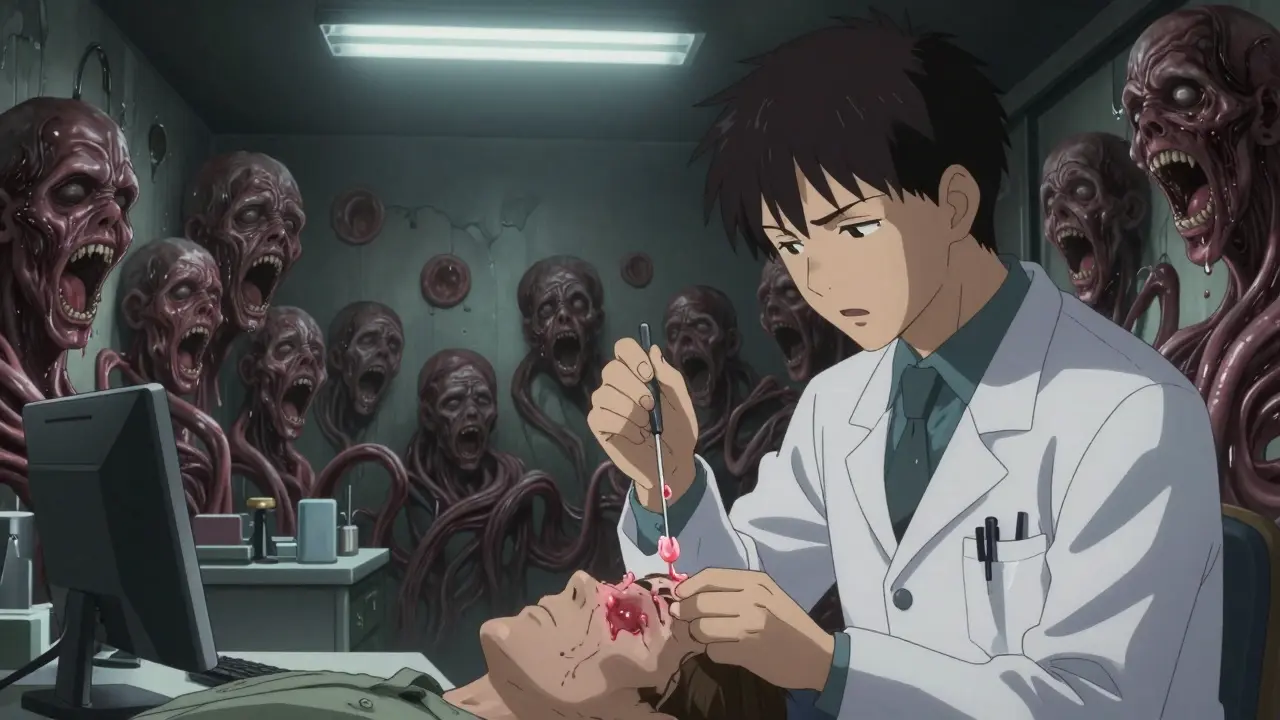 A doctor removing earwax that has turned into a mass of screaming human faces, stretching into infinite canals.