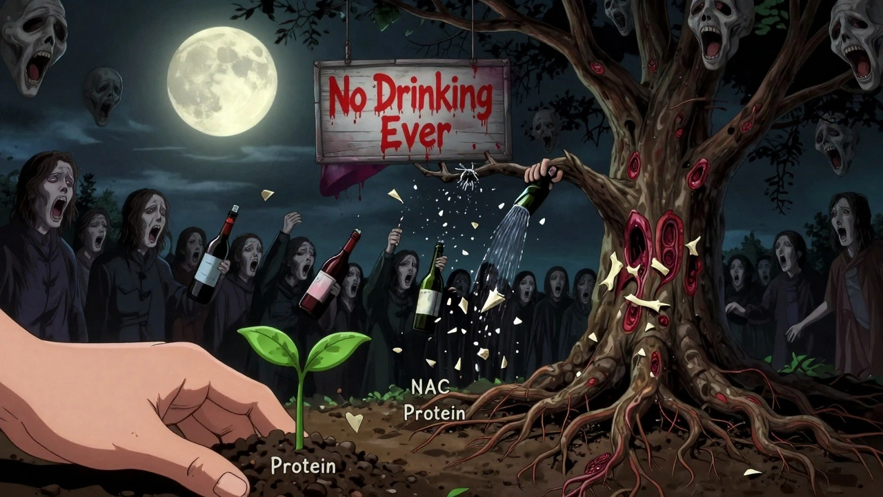 A dying tree with scar tissue roots, a green sprout labeled NAC growing beside shattered wine bottles, under a liver-shaped moon.