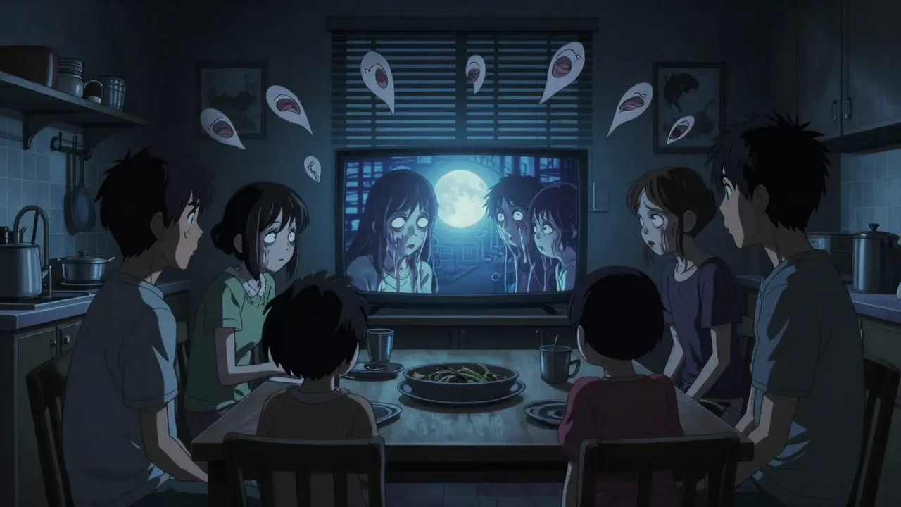A family at a kitchen table, terrified as TV screens show melting watching eyes under cold moonlight.