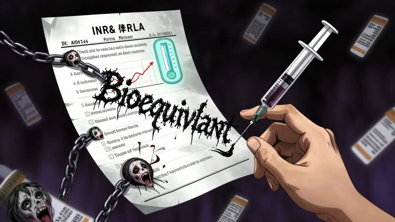 A floating medical chart unravels into screaming faces, with a syringe dripping ink that forms the word 'Bioequivalent'.