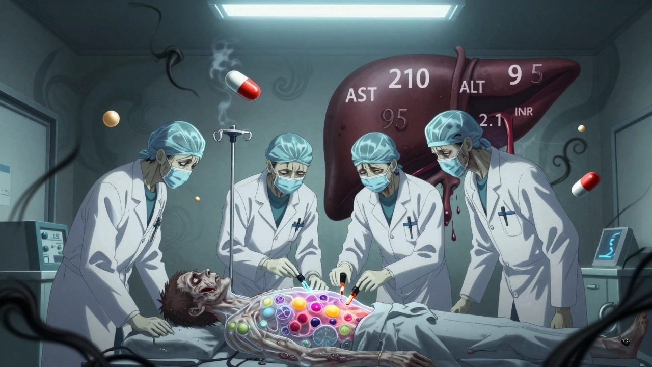 A gaunt patient in a hospital bed with translucent skin revealing inflamed liver cells, while medical staff administer IV thiamine.