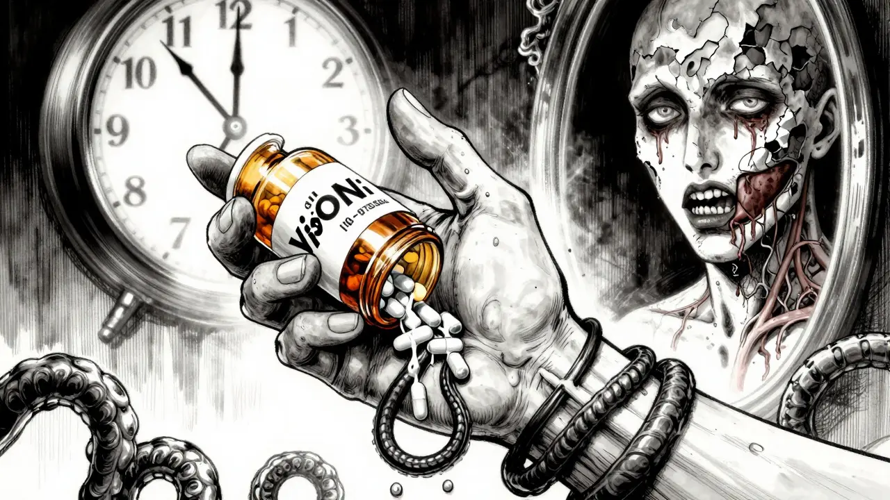 A hand clutching a pill bottle that transforms into serpentine drug strands, with a cracked liver visible in a mirror reflection.