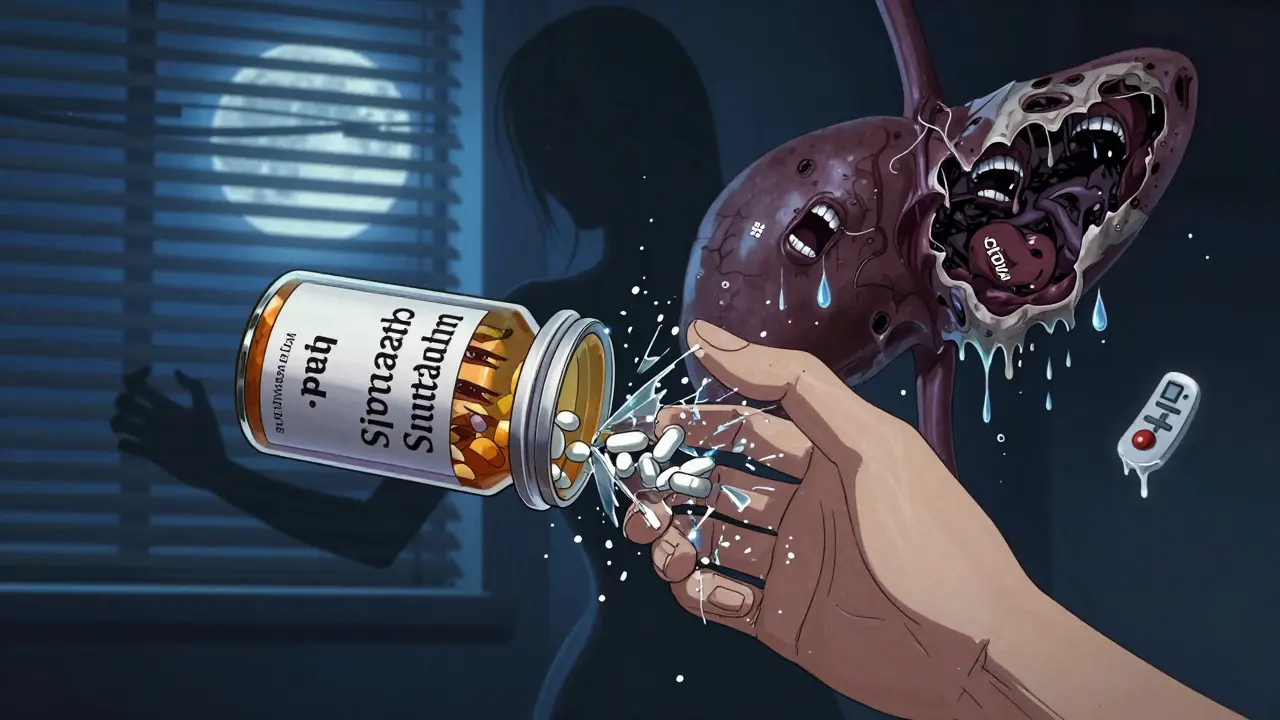 A hand holding a shattered pill bottle, its fragments forming screaming mouths, with a shadow of a decaying pancreas behind.