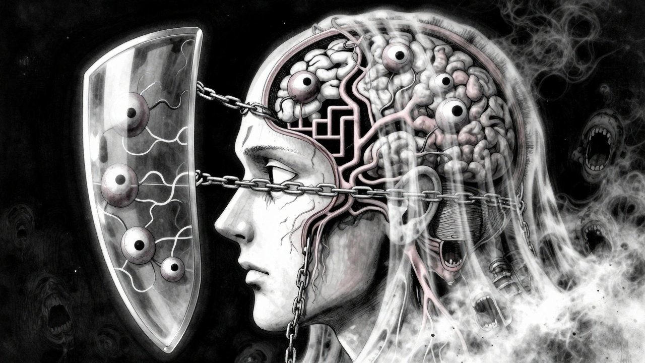 A human head split open revealing histamine parasites and antihistamine defenses in a horror-style diagram.