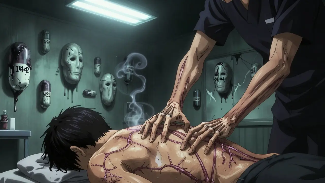 A massage therapist’s elongated hands press into a patient as herbal capsules whisper on the walls.