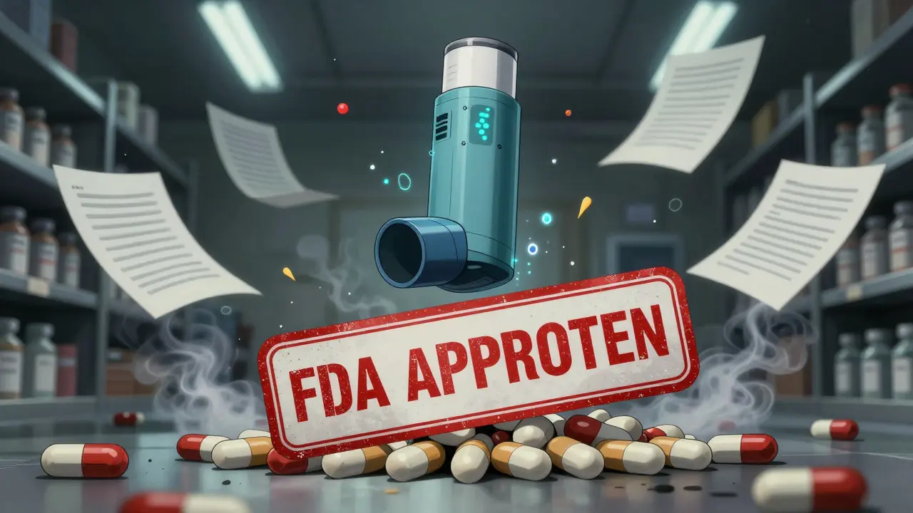A massive FDA stamp crushing simple pills while a complex inhaler ascends like a sacred relic.