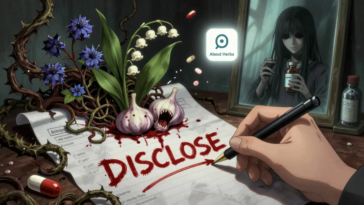 A medical chart turns into monstrous herbs, with a glowing app shining against dark chaos.