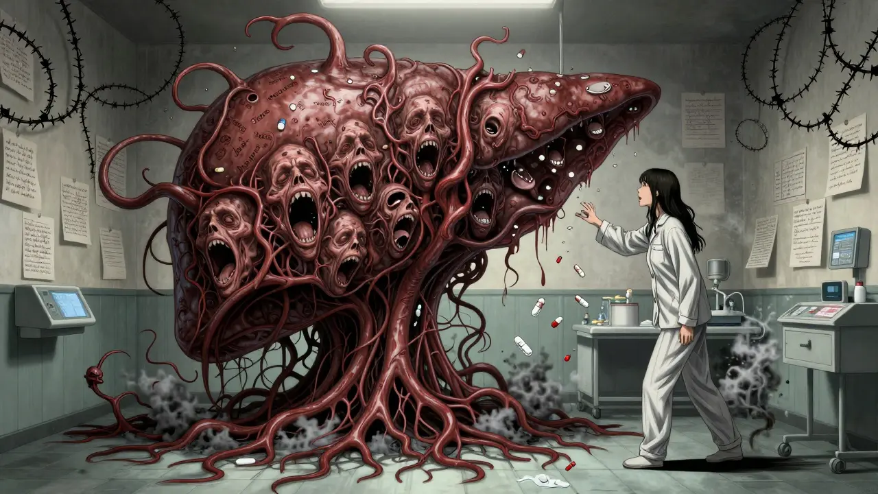 A monstrous liver made of screaming faces rises from the floor, while a woman dissolves into ash and pills.