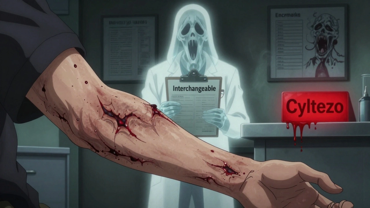 A patient&#039;s arm with a spreading rash, ghostly doctor, and glowing biosimilar label in a distorted medical setting.