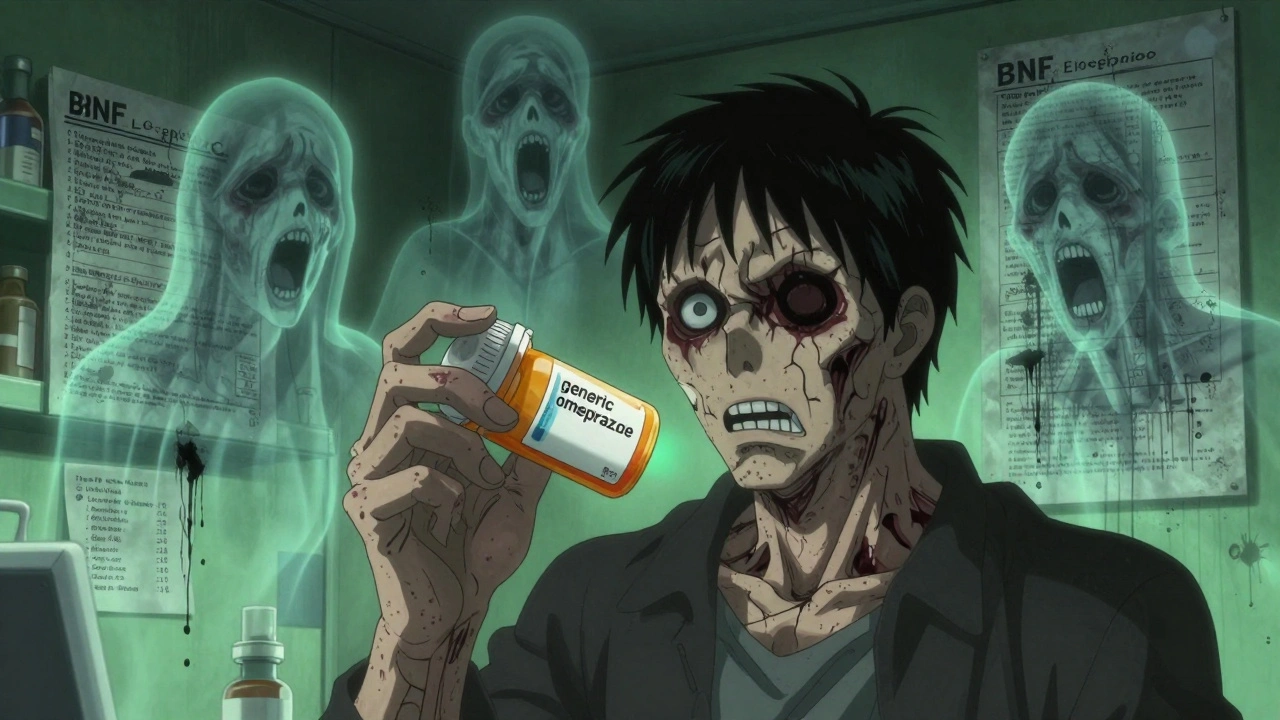 A patient&#039;s body transforms as ghostly brand-name pills hover above them in a haunted pharmacy.