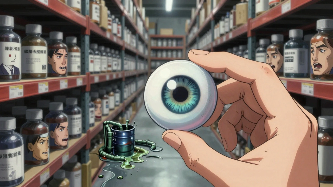 A patient&#039;s hand holding a pill with a living eye, reflecting scenes of contamination and silent horror.