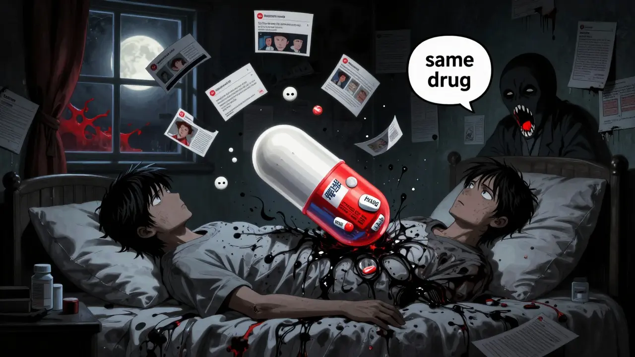 A patient lies in bed as floating pills and web threads dissolve their body, a giant generic pill reflects their past medication.