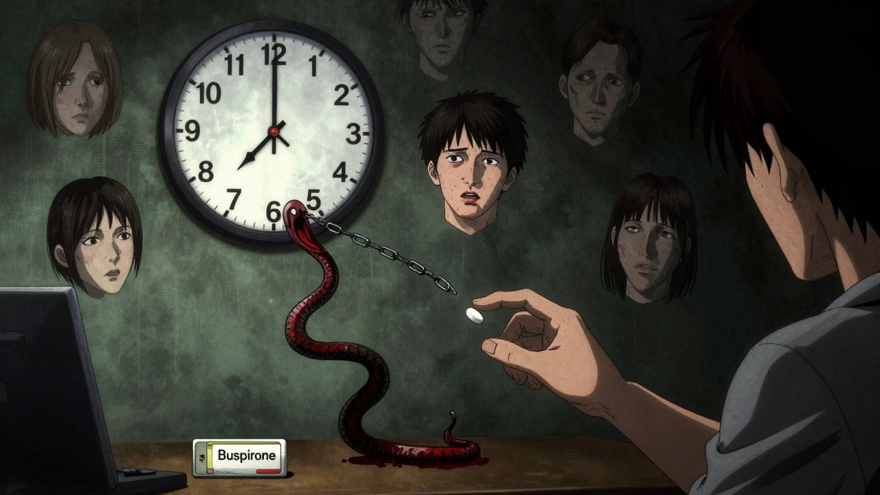 A patient reaching for a buspirone pill as its shadow unwinds chains of depression side effects in a dark office, with emotional restoration implied.