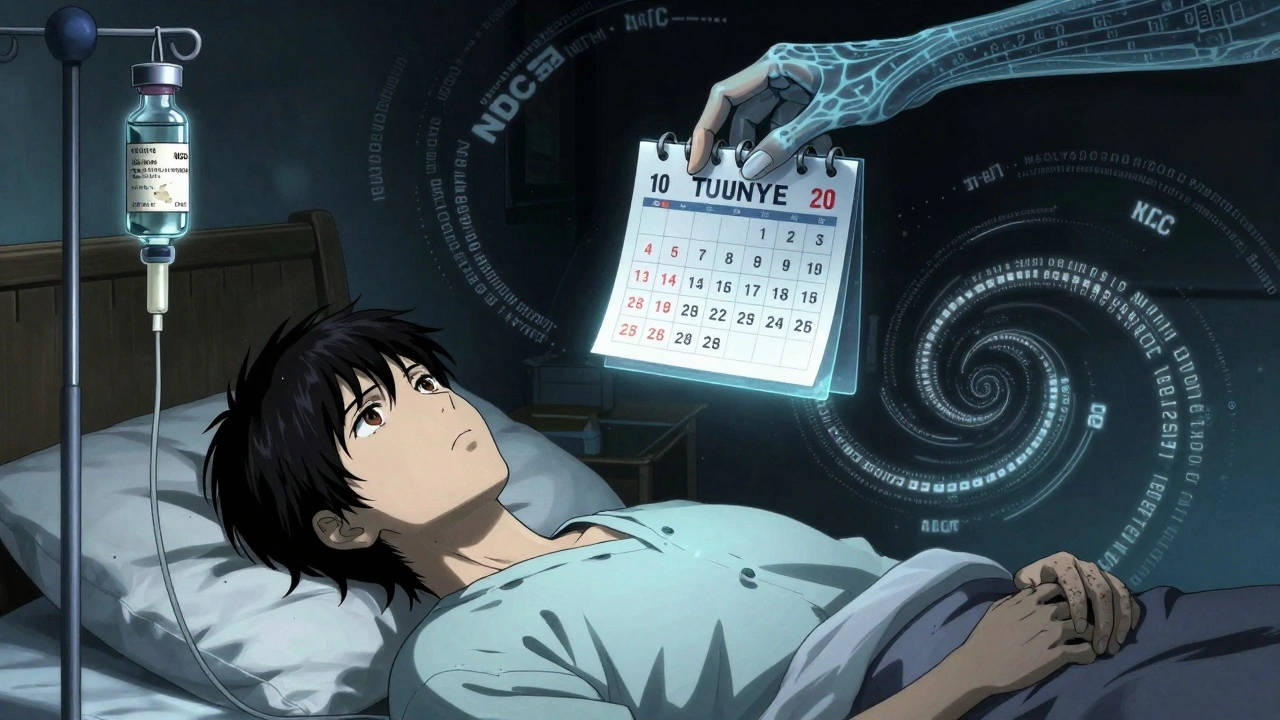 A patient’s IV drip connects to a vial with an extended expiration date, surrounded by floating lot numbers like haunted runes.