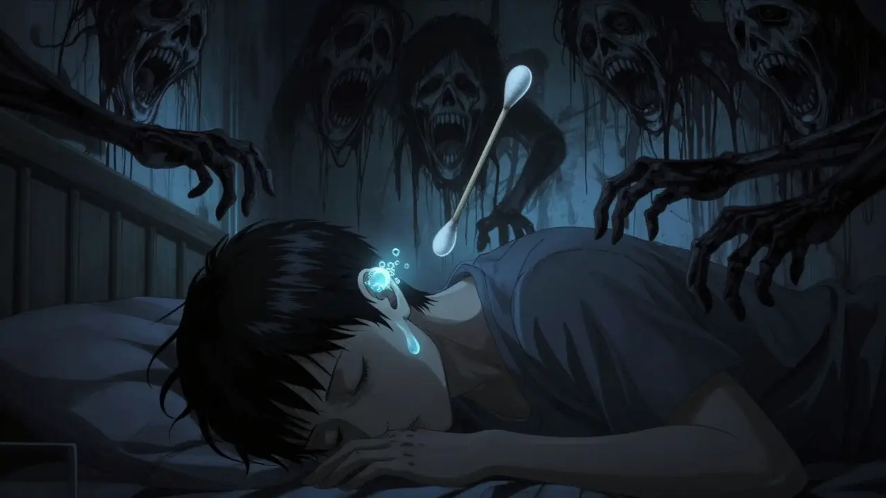 A person lying down as glowing ear drops bubble, while shadowy cotton swabs loom like menacing hands.