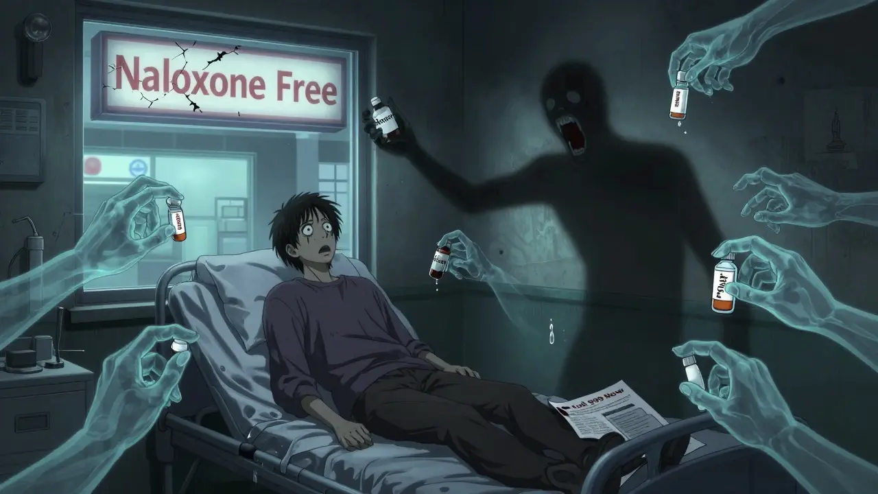 A person on a hospital bed surrounded by ghostly drug labels reaching from the walls, their shadow becoming a screaming mouth.