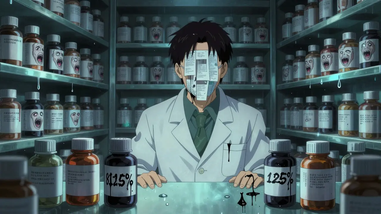 A pharmacist's face is obscured by shifting pill labels, infinite bottles multiply into a nightmare of screaming faces.